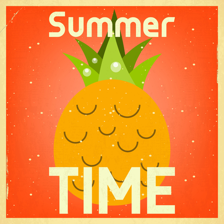 Summer Time Retro Square Poster - Pineapple on Orange Background. Vector Illustration.のイラスト素材