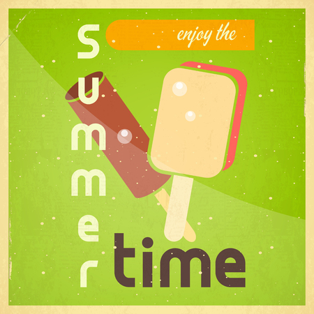 Summer Time Retro Square Poster - Chocolate and Vanilla Ice Cream on Green Background. Vector Illustration.のイラスト素材