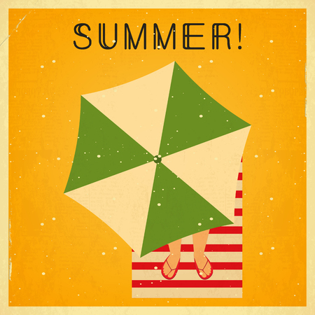 Summer Time Retro Square Poster - Beach Umbrella on Sandy Yellow Background. Vector Illustration.のイラスト素材