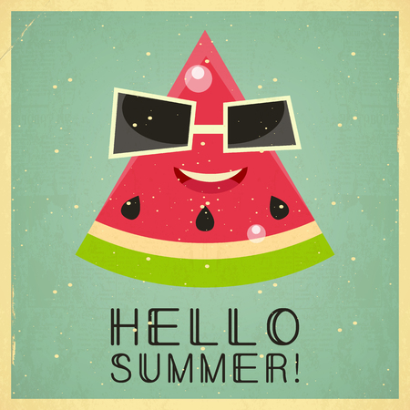 Summer Time Retro Square Poster - Funny Slice of Watermelon In Sunglasses on Blue  Background. Vector Illustration.のイラスト素材
