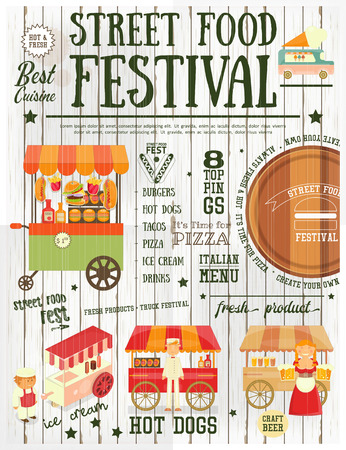 Street Food and Fast Food, Truck Festival on Vintage Retro Poster. White Wooden Background. Template Design. Vector Illustration.のイラスト素材