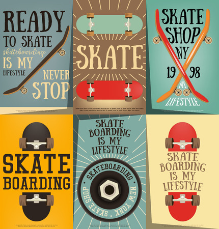Skateboard Wheels and Decks on Retro Posters Set. Vector Illustration.のイラスト素材