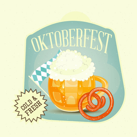 Oktoberfest Beer Festival - Beer Mug with Foam and Pretzel. Retro Poster. Vector Illustration.のイラスト素材
