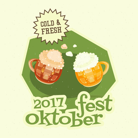 Oktoberfest Beer Festival - Beer Mugs with Foam on Green Background. Retro Poster. Vector Illustration.のイラスト素材