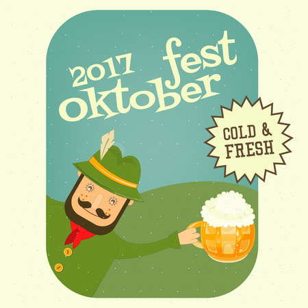 Oktoberfest Beer Festival - German Holds Beer Mug with Foam. Retro Poster. Vector Illustration.のイラスト素材