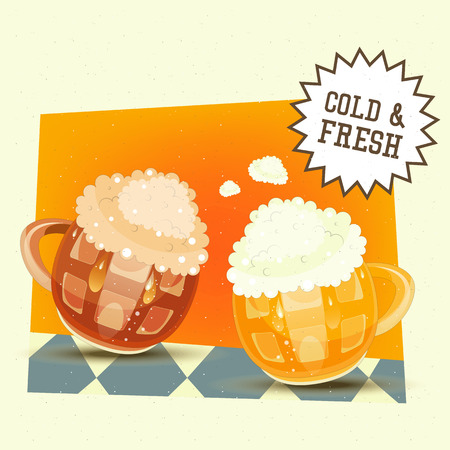 Oktoberfest Beer Festival - Beer Mugs with Foam on Table. Retro Poster. Vector Illustration.のイラスト素材