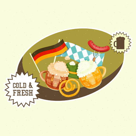 Oktoberfest Beer Festival - Beer Mugs with Foam, Sausage, Pretzel on Retro Background. Vintage Poster. Vector Illustration.のイラスト素材