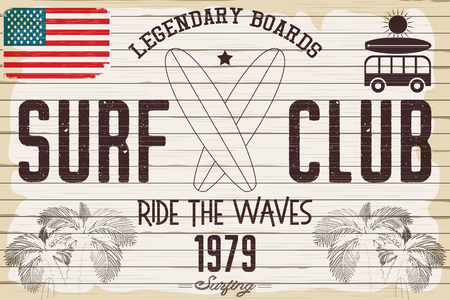 Surf  Poster in Vintage Grunge Style for Surfing Club or Shop with Surfboards Emblem on White Wooden Background. Advertising on the Beach.  Vector Illustration.のイラスト素材