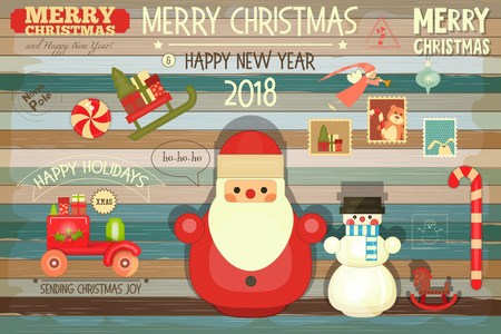 Christmas Greeting Card with Xmas Santa Claus, Snowman on Color Old Wooden Background. Retro Style. Vector illustration.のイラスト素材