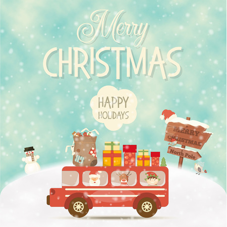 Merry Christmas Greeting Card - Xmas Bus with Cute Holidays Characters on Winter Landscape. Vector Illustration.のイラスト素材