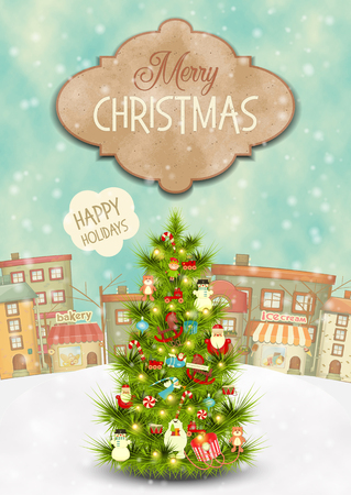 Merry Christmas Greeting Card - Beautifully Decorated Christmas Tree in the Winter Small Town. Vector Illustration.のイラスト素材