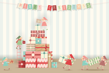 Merry Christmas Greeting Card - Colorful Gift Boxes in Shape of Xmas Tree. Christmas Gnomes Bringing Gifts. Retro Style. Vector Illustration.のイラスト素材