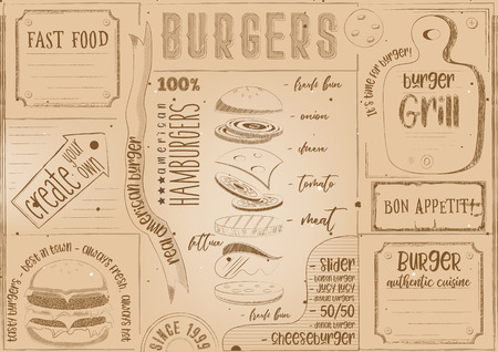 Burgers Placemat - Color Paper Napkin for Burger House with Place for Text in Retro Style. Retro Craft Paper Design. Vintage Design. Vector Illustration.のイラスト素材