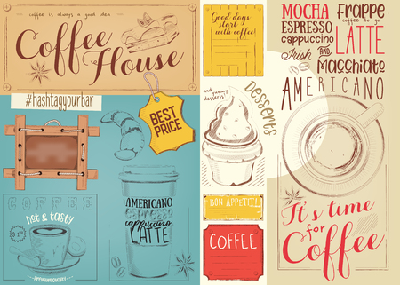 Coffee menu place mat design. Colorful template for coffee shop, coffee house and cafe, retro style napkin vector illustration.のイラスト素材