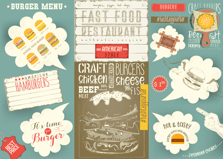 Template Menu for Burger House, Colorful Placemat, Table Mat for Restaurant in Retro Style with Hand-drawn Graphic and Infographic. Vector Illustration.のイラスト素材