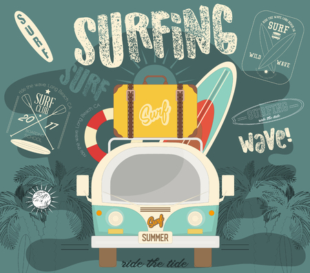 Surfing Poster - Retro Hawaii. Mini Van with Surfboards and Vintage Suitcase. Vector Illustrator.のイラスト素材