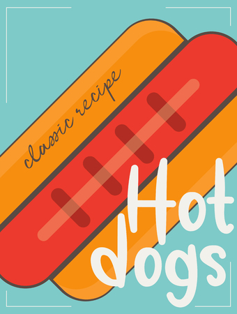 Hotdog in flat design for poster, label and menu cafe fast food. Hot dog card. Vector illustration.のイラスト素材