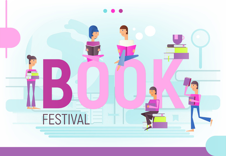 Modern Flat Design Concept for Book Festival, Fair, Reading Challenge. Stacks of Books with Small People Reading. Vector Illustration for Literature Event, Bookstore Advertising, Book Fair Banner.のイラスト素材