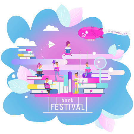 Modern Flat Design Concept for Book Festival, Fair, Reading Challenge. Small Characters Cartoon People Reading and Sitting on Big Books. Vector Illustration for Literature Event. Square Format.のイラスト素材