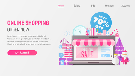 Landing Page Template of Online Holidays Shopping. Modern Flat Design Concept of Christmas Sale  Storefront of Xmas Shop with Santa Claus, Snowman. Vector Illustration for Mobile Apps and Web Site.のイラスト素材