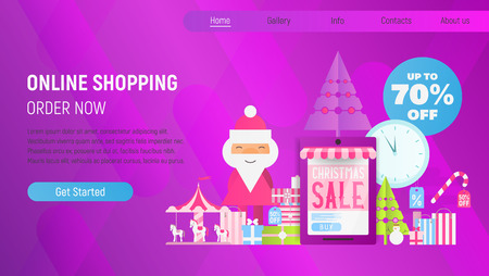 Christmas Sale Online Shopping Landing Page. E-commerce Winter Holidays Concept. Shopping Boxes and Bags near Big Smartphone, Santa and Christmas Tree. Vector Illustration for Mobile Apps, Web Design.のイラスト素材