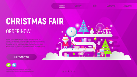 Christmas Fair Landing Page. Young People Making Purchases in Xmas Market Online. Flat Design for Mobile Apps, Websites. Vector Illustration. Violet Background.のイラスト素材