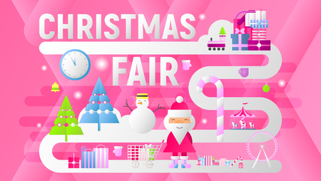 Christmas Fair Banner. Modern Flat Design â Shopping Boxes, Bags, Xmas Characters and Elements. Vector Illustration for Mobile Apps, Landing Page and Web Site. Pink Background.のイラスト素材