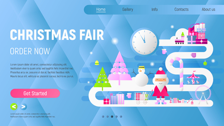 Online Christmas Fair Landing Page - Winter Holidays Purchases Template. Modern Flat Design â Shopping Boxes, Bags, Xmas Characters. Vector Illustration for Mobile Apps and Website. Blue Gradient.のイラスト素材