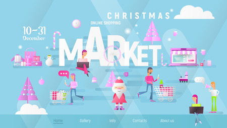 Christmas Market Banner. People Making Purchases on Xmas Fair. Landing Page Template of Online Holidays Shopping. Modern Flat Design. Vector Illustration for Mobile Apps, Website. Blue Gradient.のイラスト素材