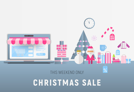 Online Shopping Christmas Sale Banner - Santa Claus, Snowman, Fir Tree, Gifts and Purchases near Big Laptop with Store Shop. Vector Illustration for Mobile Apps and Web Site Design.のイラスト素材