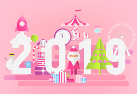 Modern Flat Design New Year Card 2019 on Pink Background with Santa Claus. Vector Illustration for Mobile Apps and Web Site Design.のイラスト素材