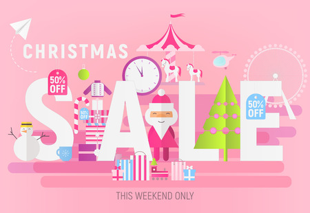 Modern Flat Design Concept of Christmas Big Sale â Storefront of Xmas Shop on Pink Background with Santa Claus and Winter Gifts. Vector Illustration for Mobile Apps and Web Site Design.のイラスト素材