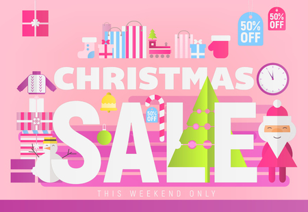 Modern Flat Design Concept of Christmas Big Sale â Storefront of Xmas Shop on Pink Background with Santa Claus. Vector Illustration for Mobile Apps and Web Site Design.のイラスト素材