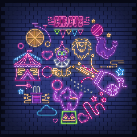 Circus Neon Glowing Icons Big Set. Amazing Shou Emblems - Fluorescent Ultraviolet Circus Characters and Objects with Shadow. Bright Signboard on Blue Brick Wall. Vector Illustration.のイラスト素材