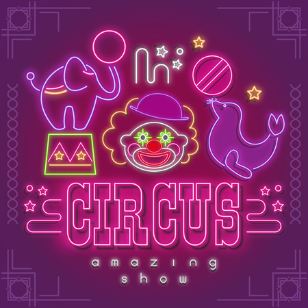 Circus Neon Glowing Signs. Amazing Shou Emblems - Clown, Elephant, Seal with Ball. Bright Signboard in Night Town on Brick Wall. Set Circus Characters Icons. Vector Illustration.のイラスト素材