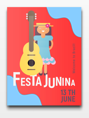 Festa Junina Retro Poster for Latin American Holiday, June Festival in Brazil. Young Girl with Guitar on Red Background. Vector Illustration.のイラスト素材