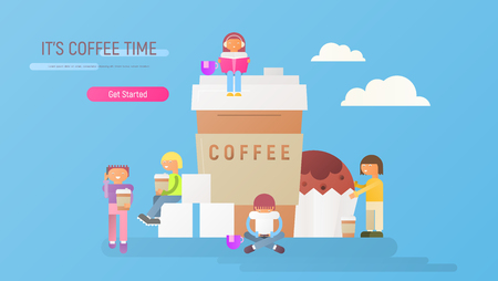 Coffee Time Banner with Cartoon People Take a Rest near Big Paper Cup Coffee and Big Cupcake or Muffin. Vector Illustration.のイラスト素材