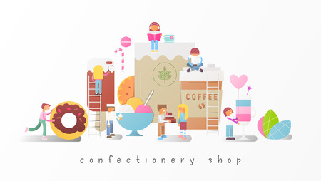Confectionery Shop Banner with Small Size Cartoon People and Big Sweets, Pastry and Desserts. Vector Illustration.のイラスト素材