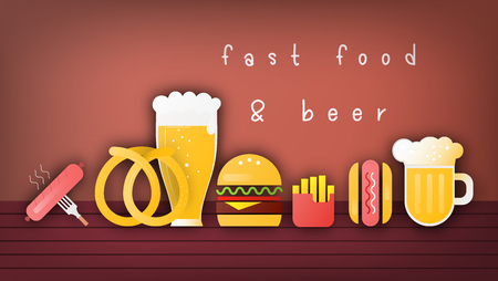 Beer and Fast Food Banner, Poster, Template Menu for Bar, Pub, Shop. Snacks and Beer Mugs on Dark Wooden Background. Vector Illustration.のイラスト素材