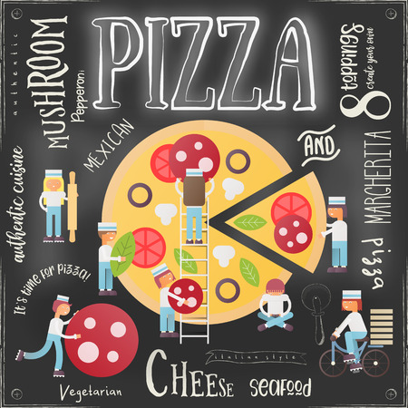 Pizza Pizzeria Menu Template on Chalk Blackboard. Slice of Pizza. Cartoon Characters Making Pepperoni together. Teamwork concept. Traditional italian fast food. Top view meal. Vector Illustration.のイラスト素材