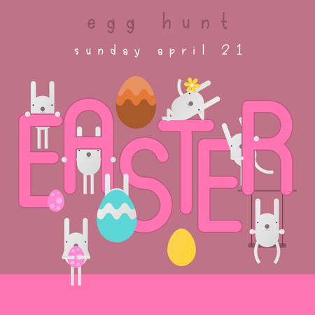 Easter Egg Hunt with Easter Eggs and Cartoon Bunny. Spring Greeting Card or Poster. Vector Illustration For Holiday Flyers and Banners Design. Square Format.のイラスト素材