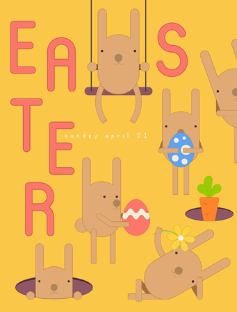 Easter Card - Cartoon Easter Bunnies, Eggs and Carrot on Yellow Background. Banner for Paschal Spring Holiday. Vector Illustration.のイラスト素材