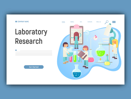 Landing Page Template of Laboratory Research Banner in Flat Style. Equipment Set. Glass Flasks, Beakers, Burner. People Scientists Working at Lab. Vector Illustration for Social Media and Websiteのイラスト素材