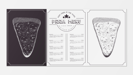 Pizza Food Menu for Restaurant, Pizzeria, Cafe. Design Template Placemat with Two Variants of Cover - Black Chalkboard and White Background. Hand-drawn Graphic Vector Illustrations - Slice of Pizza.のイラスト素材