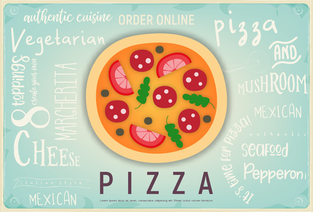 Pizza Retro Banner. Ad for Pizzeria, Delivery Pizza. Vintage Poster - Pepperoni on Blue Background and Chalk Text. Vector Illustration. Traditional italian fast food. Top view.のイラスト素材
