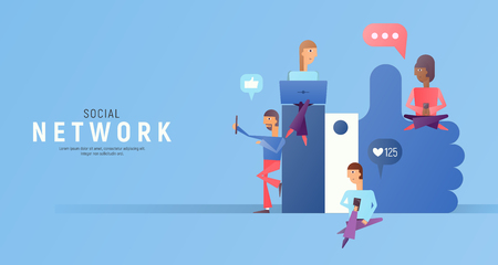Modern Flat Design Concept of Social Media with Characters -  People Follow the Trend near big symbol I Like on Blue Background. Vector Illustration.のイラスト素材