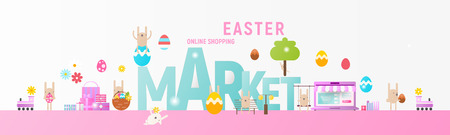 Easter Market Online Shopping Horizontal Banner with Easter Elements and Bunnies. Great for Flyers, Posters, Headers, Landing Page, Website. Vector Illustration. Flat Design.のイラスト素材