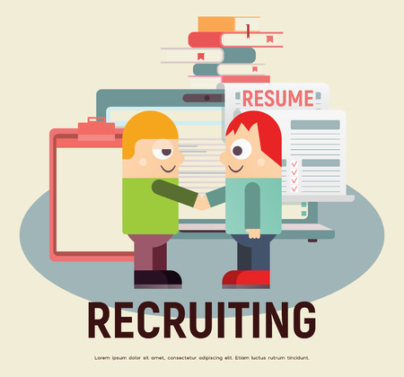 Funny Flat Design Hiring, Job Interview and Recruitment Concept - Cartoon Characters near Big Laptop. Hiring a New Employee. Vector Illustration. Job Interview Concept. Application and CV.のイラスト素材