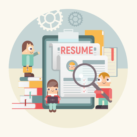 Funny Flat Retro Design Hiring, Job Interview and Recruitment Cartoon Characters near Big Resume Blank. Hiring a New Employee. Vector Illustration. Job Interview Concept. Application and CV.のイラスト素材