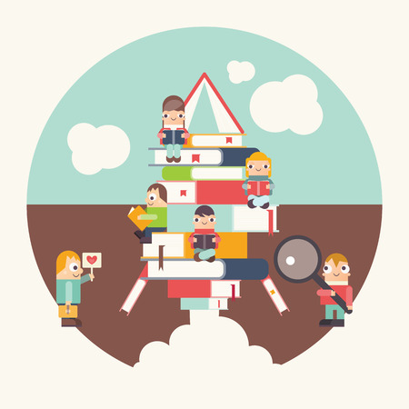 Funny Cartoon Characters Reading Books on Books Stacked in Rocket Silhouette. Concept - Knowledge, Space, Wisdom. Vector Illustration. Retro Design. Old-fashioned Style.
のイラスト素材